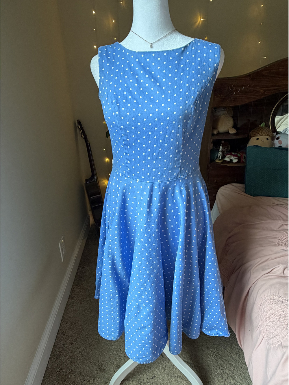 Grace Karin vibrant cornflower blue and white polka dot skater dress.